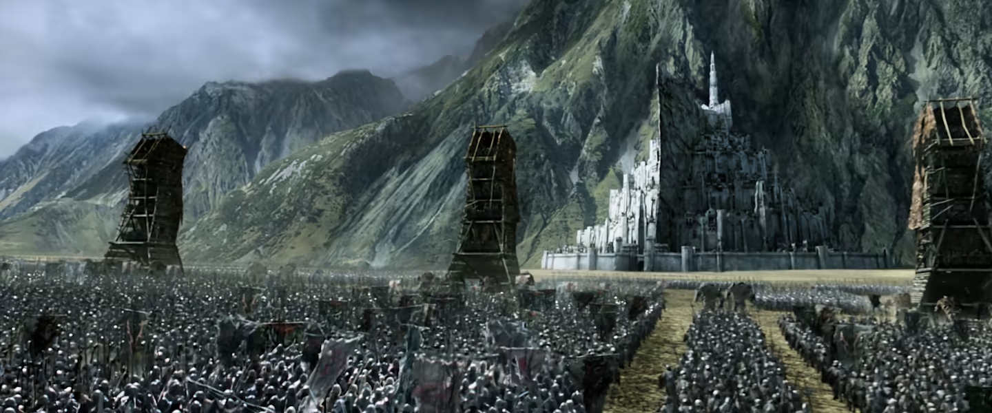 Sauron’s army attacks Minas Tirith in The Lord of the Rings: The Return of the King Extended Edition (2003), Warner Bros. Pictures